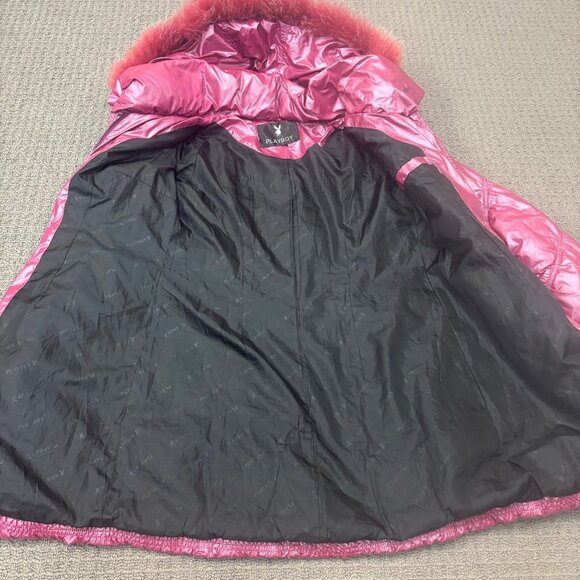 Vintage Playboy Jacket Small Puffer Zip Up Parka Removable Fur Hood Pockets Y2K - Picture 13 of 16